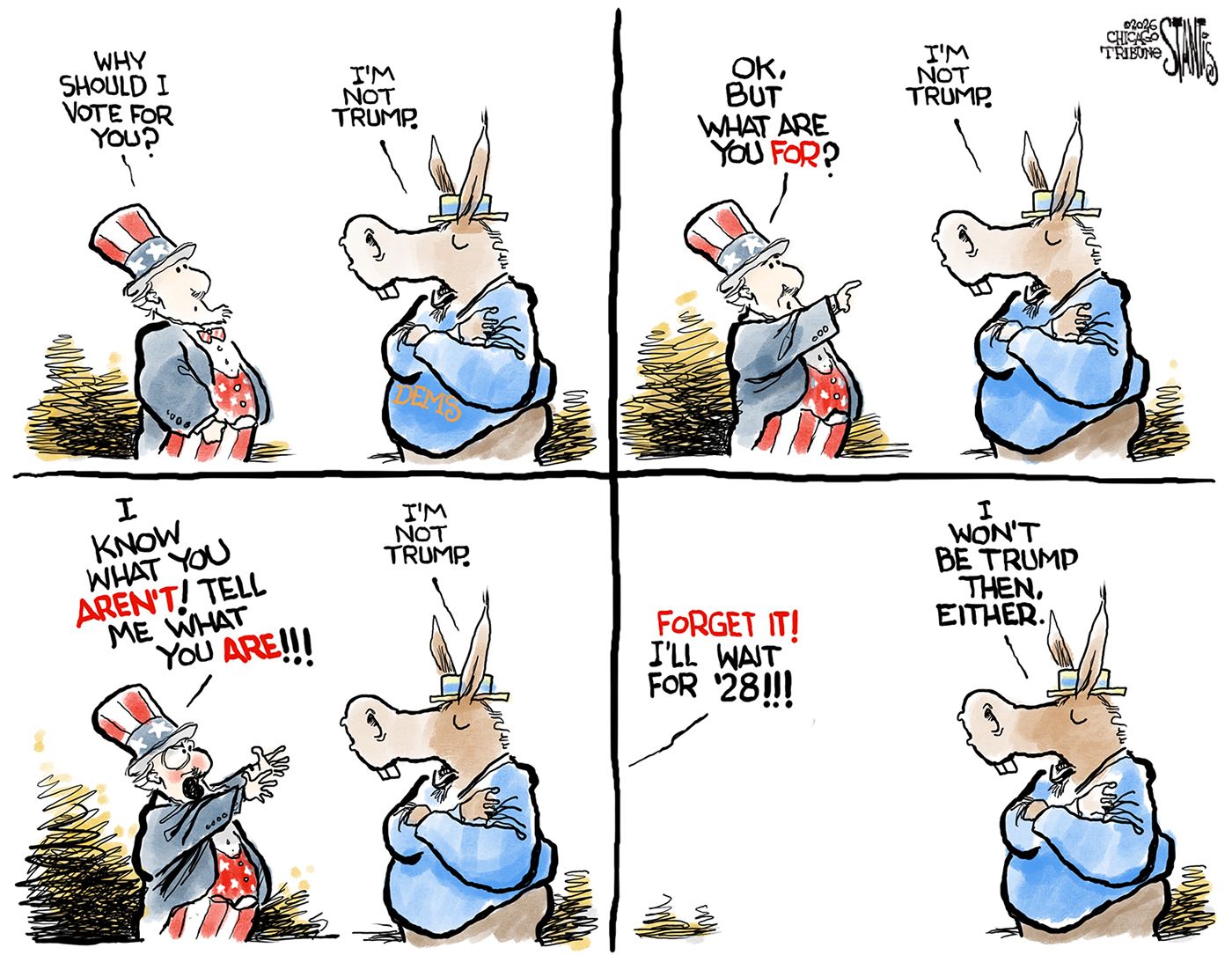 
                                This is a four-panel political cartoon depicting Uncle Sam speaking to a donkey. Their conversation goes like this: “Why should I vote for you?” “I’m not Trump.” “OK, but what are you for?” “I’m not Trump.” “I know what you aren’t! Tell me what you are!!!” “I’m not Trump!” “Forget it, I’ll wait for ‘28!” “I won’t be Trump then either!”
                            