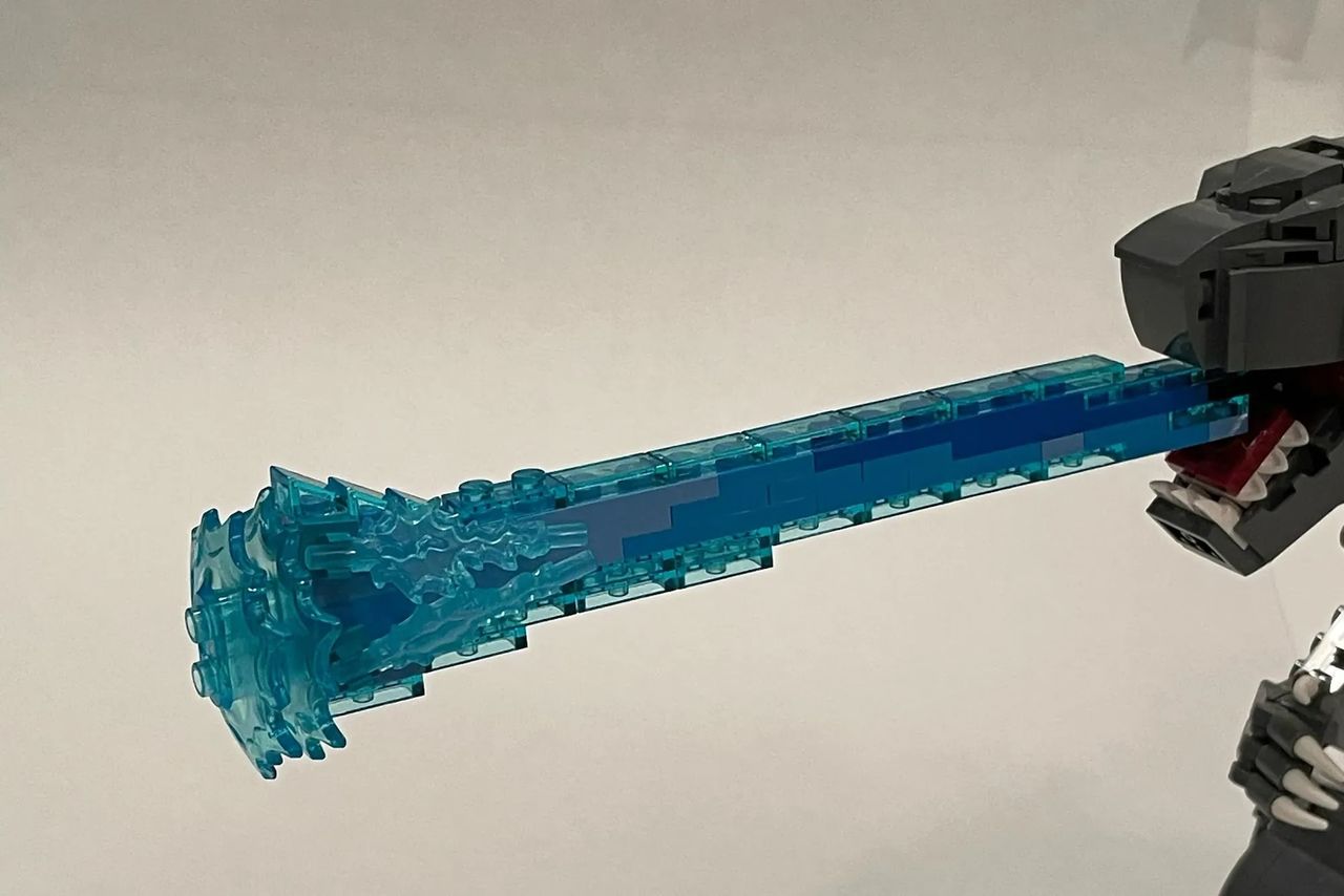 Godzilla LEGO set from three different angels including a shot of the blue beam coming out of his mouth