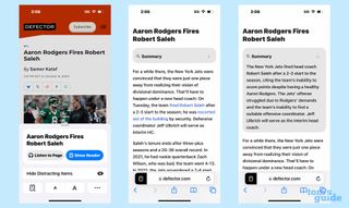 Three screenshots showing how to access summaries of safari web pages from the safari reader in iOS 18.1