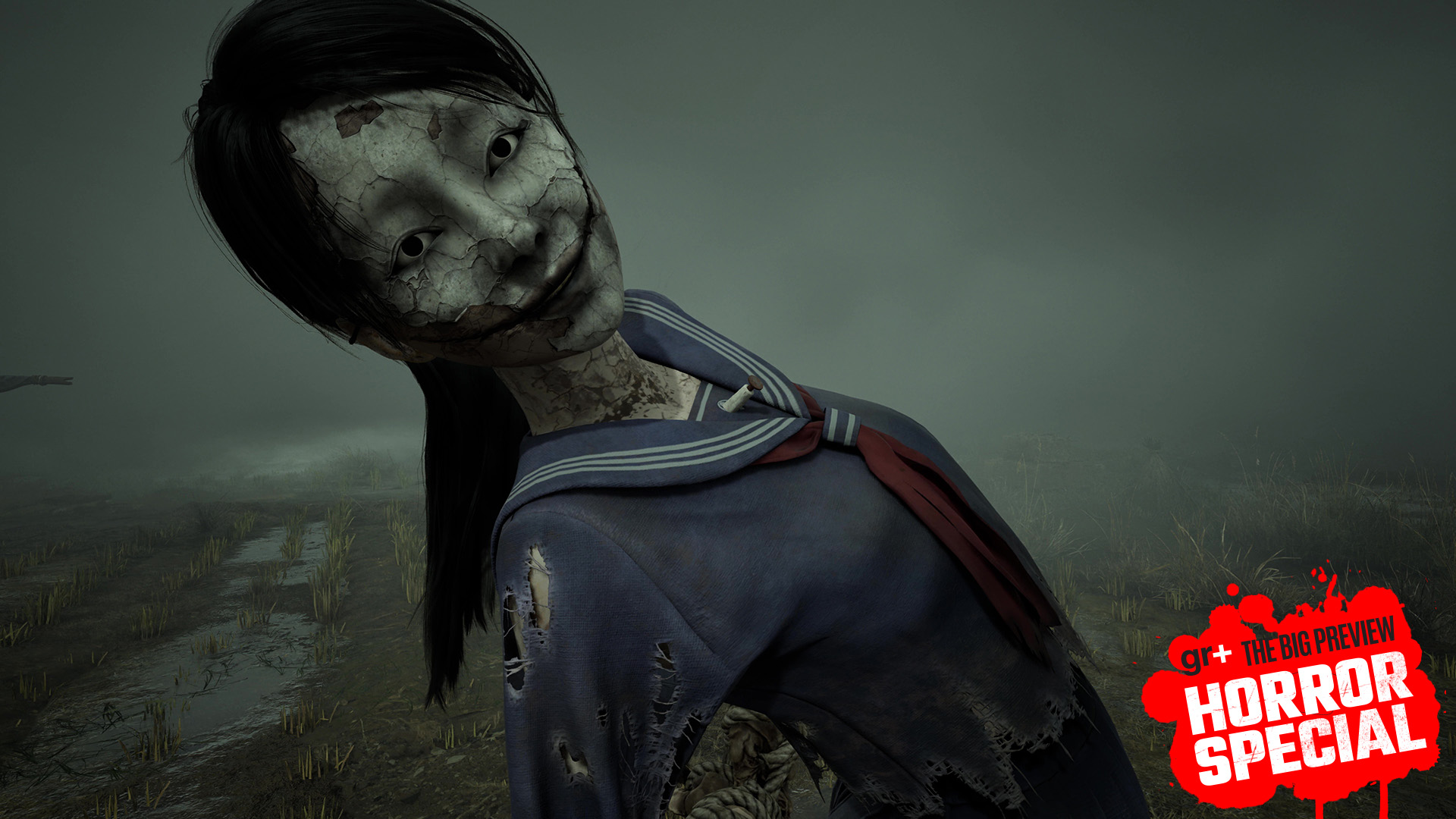 A close up of a scarecrow in Silent Hill f as Hinako attempts to solve a riddle, with the GamesRadar+ Horror Special badge