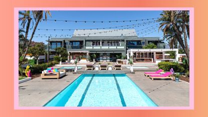 A view of the Love Island 2023 villa and pool/ in a pink and orange rectangle template