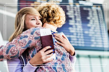 Young teenage girl reuniting with her mother in airport