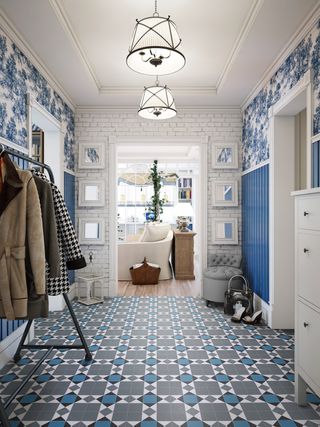 colourful blue hallway ideas with flooring