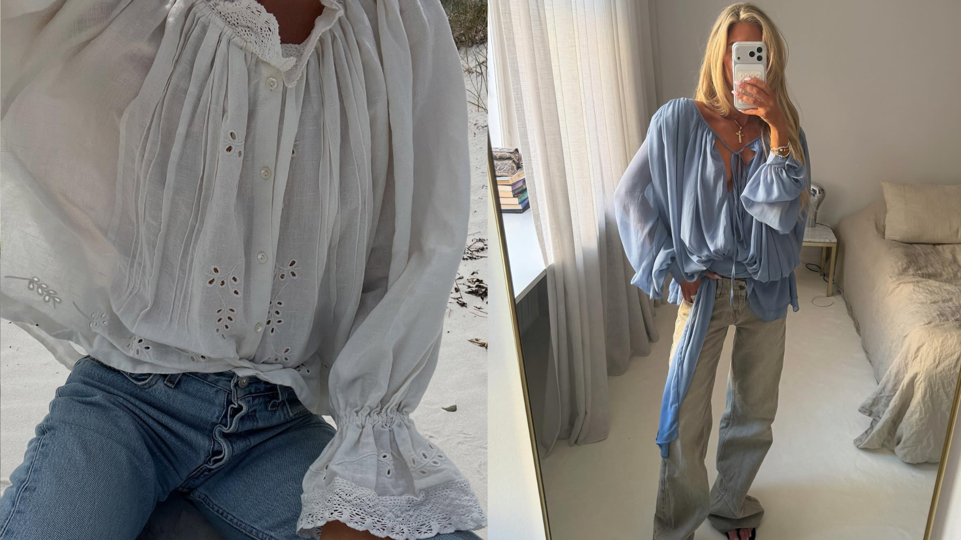 An image of a woman wearing a blouse and jeans summer outfit 2026