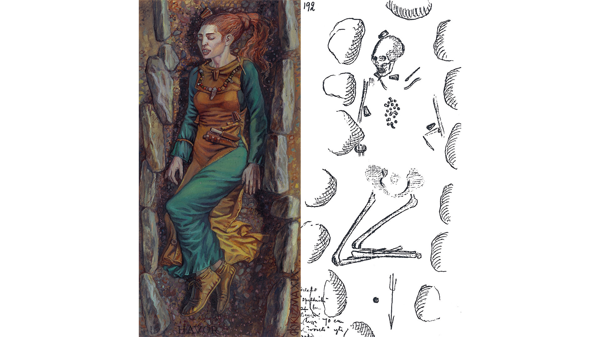 (Left): A drawing of a reconstruction of grave 192 on Gotland, which contained the remains of a woman with an artificially modified skull. (Right): A 19th century drawing of the grave.