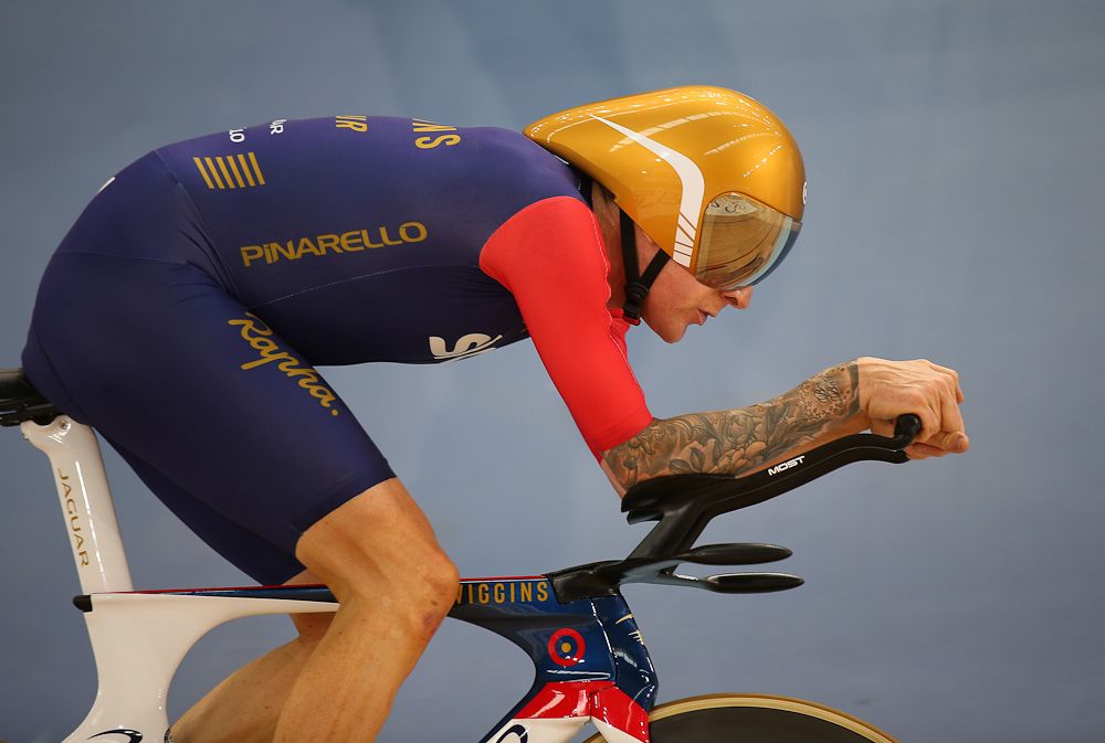 Bradley Wiggins celebrates breaking the UCI Hour Record at Lee Valley Velopark Velodrome in London.