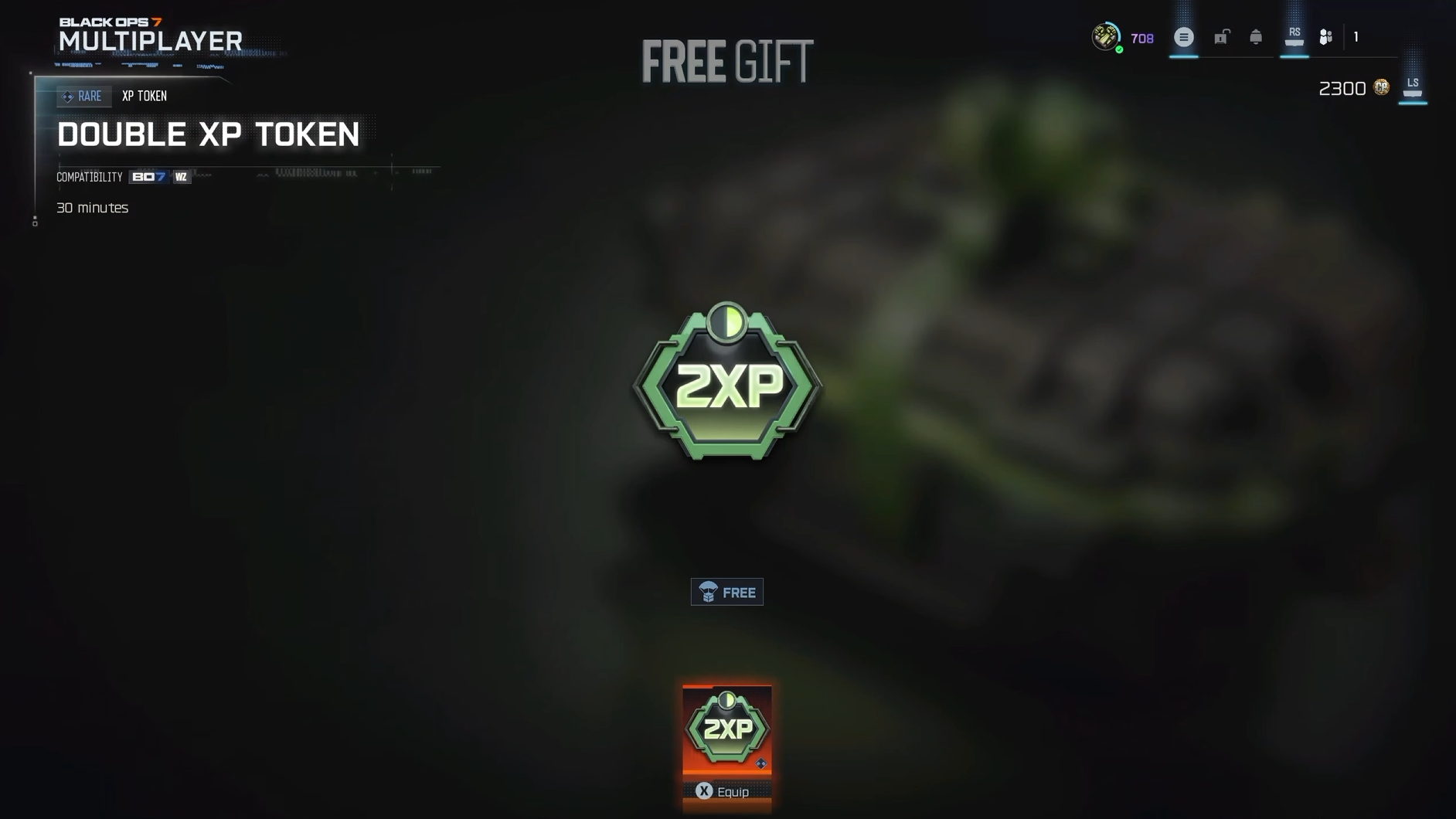 A screenshot of a free 2XP token acquisition in Call of Duty: Black Ops 7