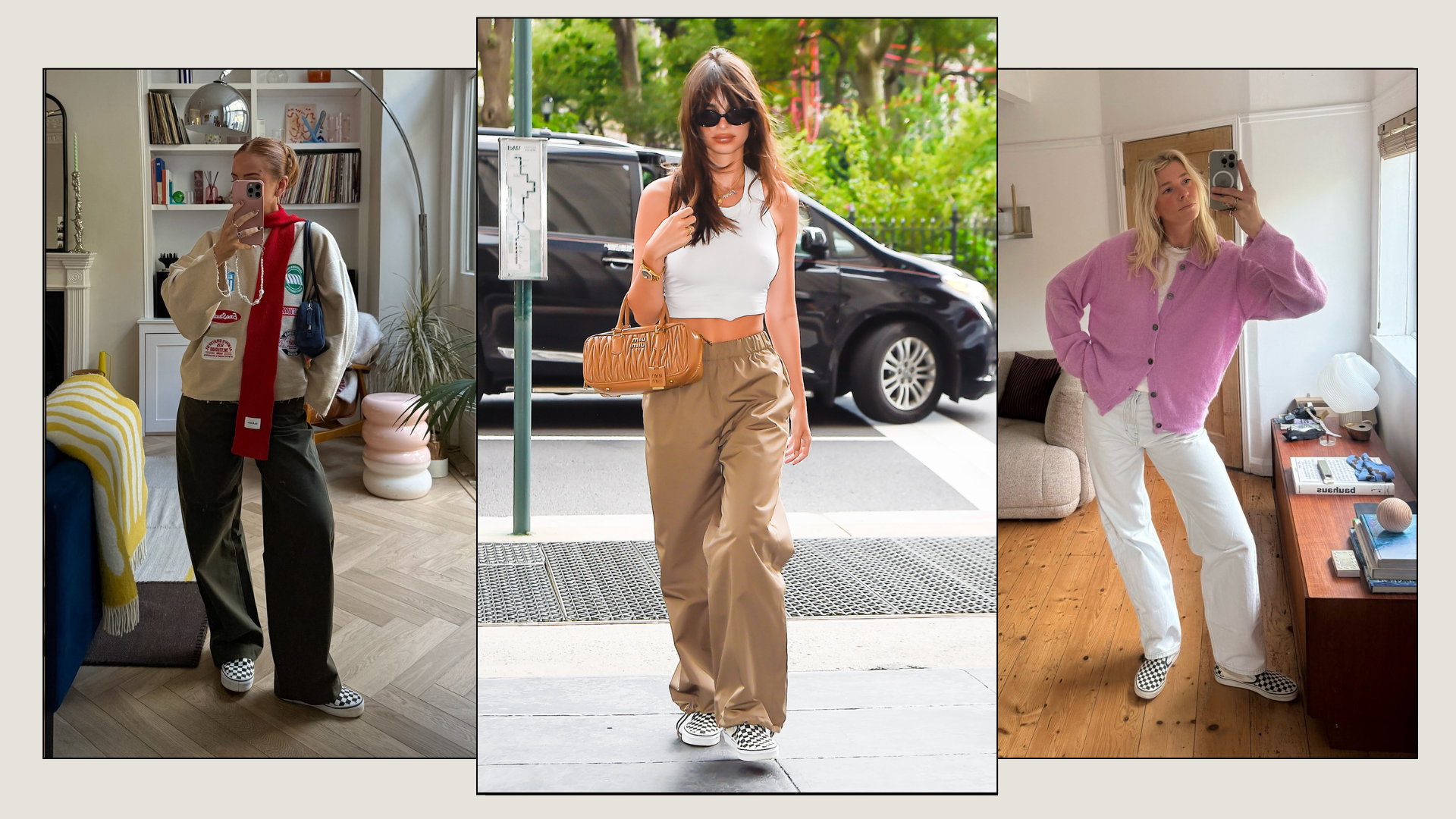 Three fashion people wear the Vans checkerboard slip-on trainer trend. 