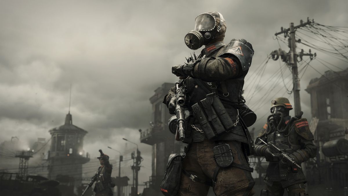 In Metro 2039, figures wearing gasmasks walk through post-apocalyptic Moscow