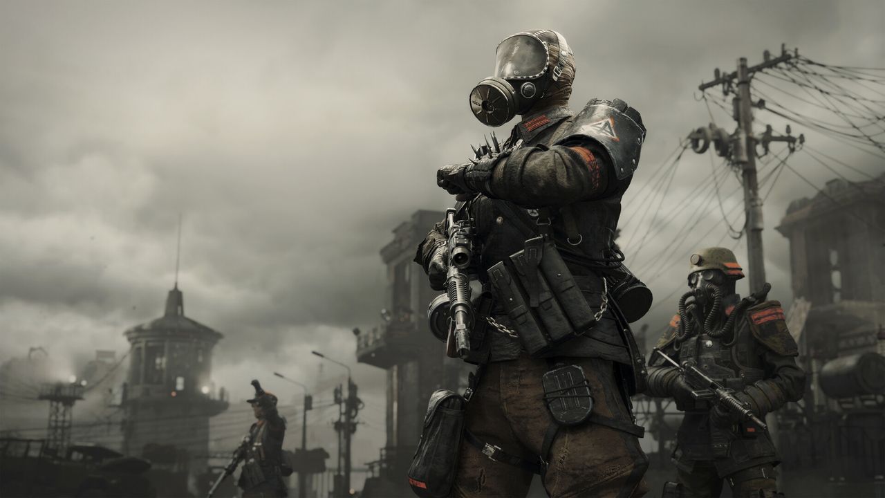 In Metro 2039, figures wearing gasmasks walk through post-apocalyptic Moscow