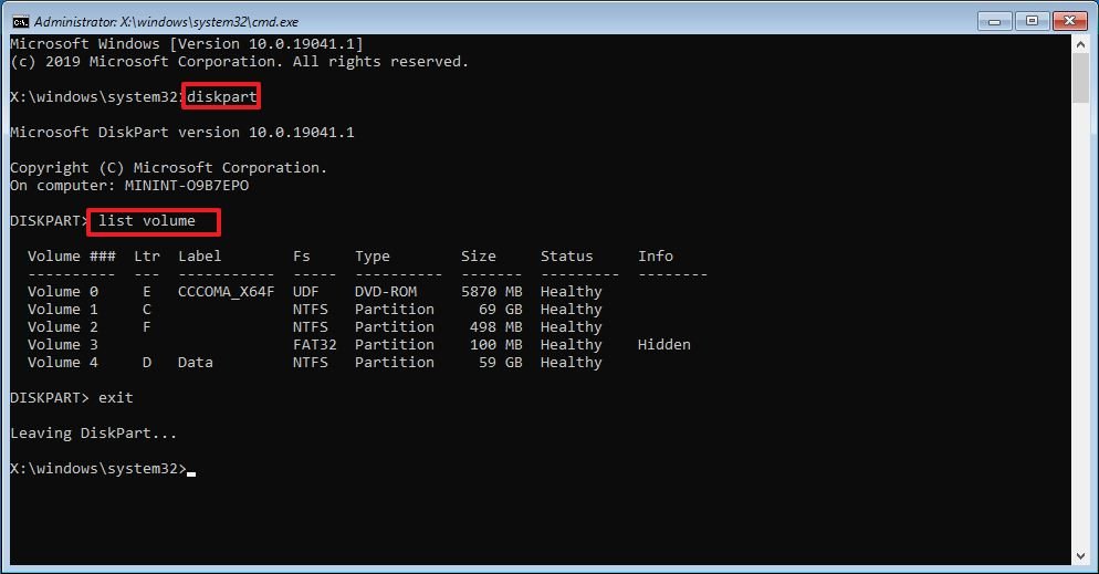 DiskPart list volume command