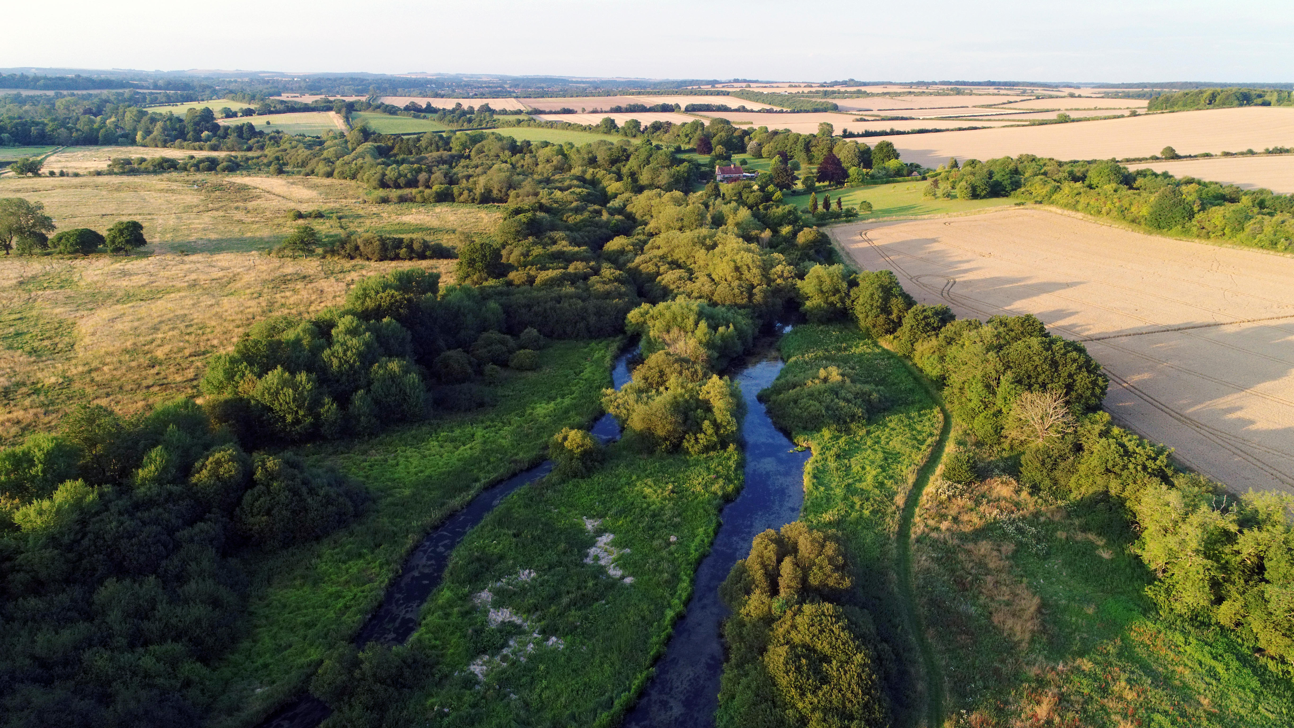 Aerial view of the River Test at Longparish, Hampshire