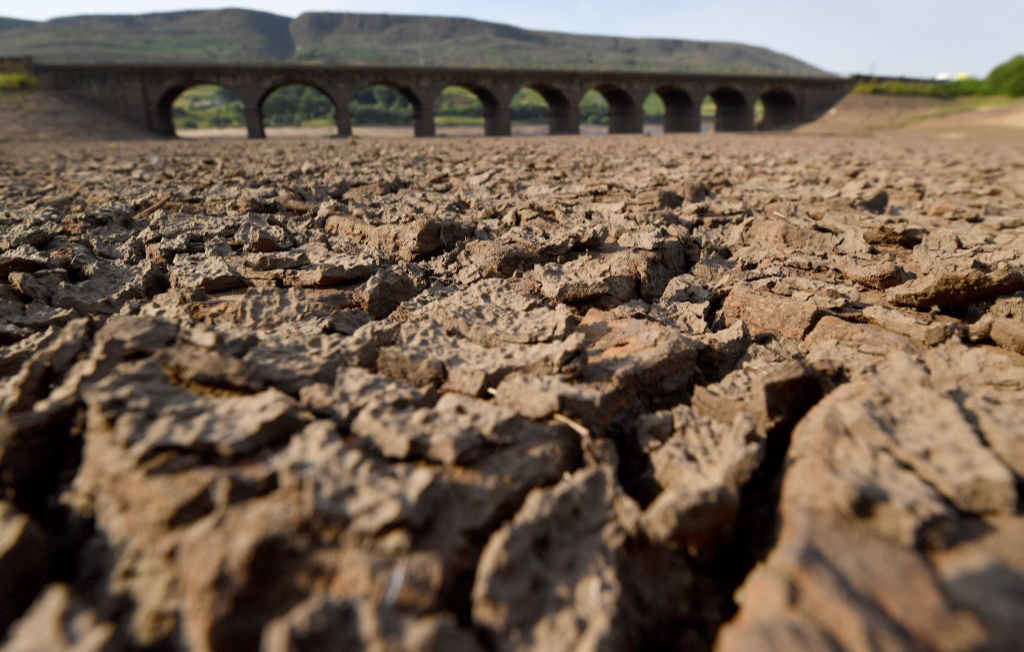 Dried out Woodhead Reservoir in Longdendale, UK