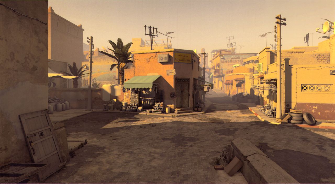 mock up of a highly detailed, warmly lit middle eastern square, presumably a remake of de_dust