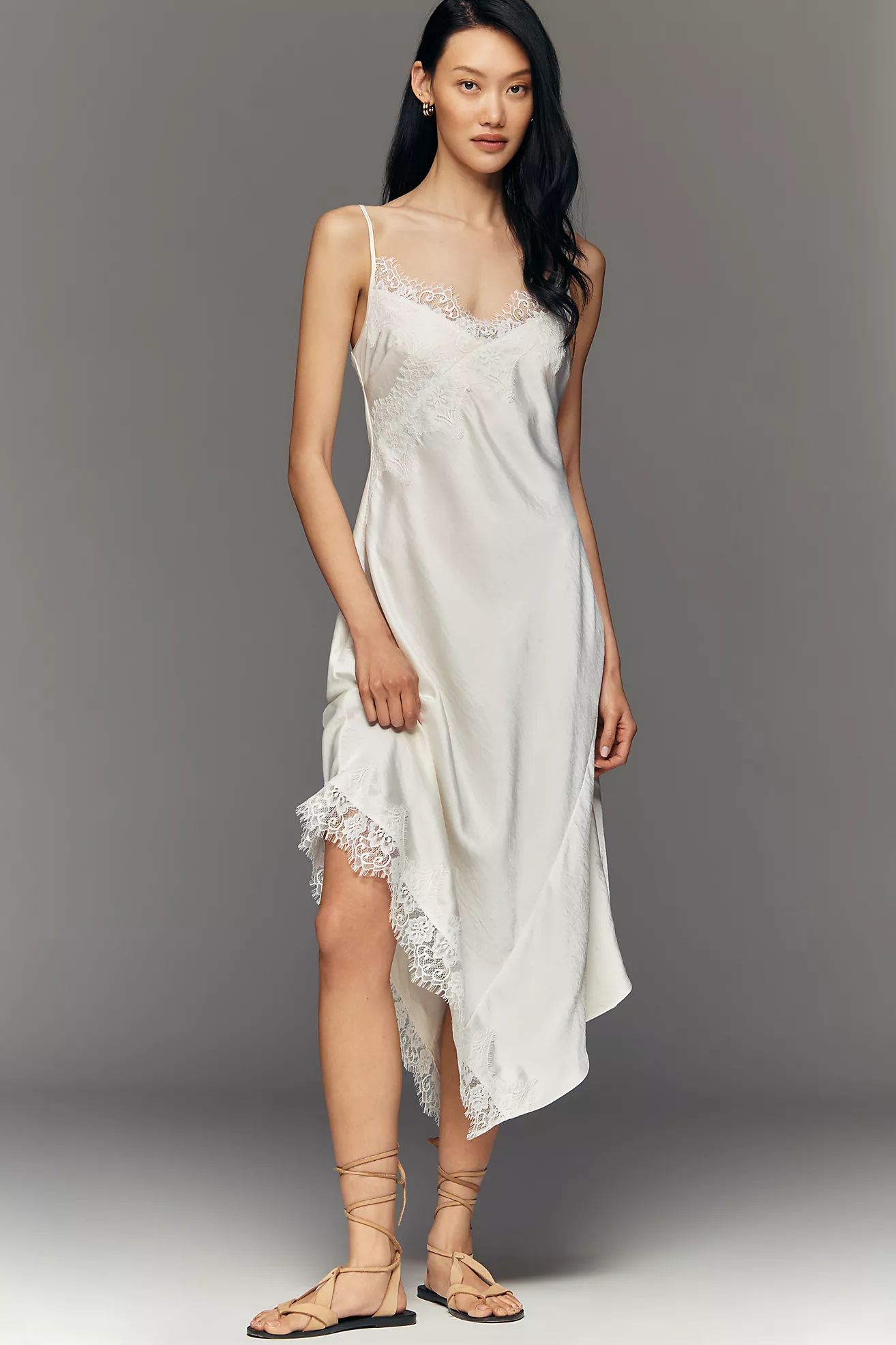 By Anthropologie Asymmetric Sleeveless Lace Slip Dress