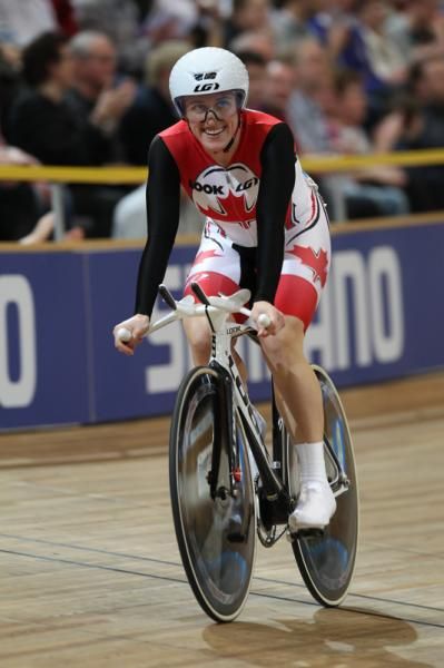 A happy Tara Whitten watches the board to see her name come up as world champion.