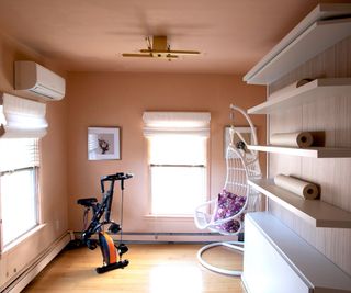 Peach home gym with shelves and swinging chair