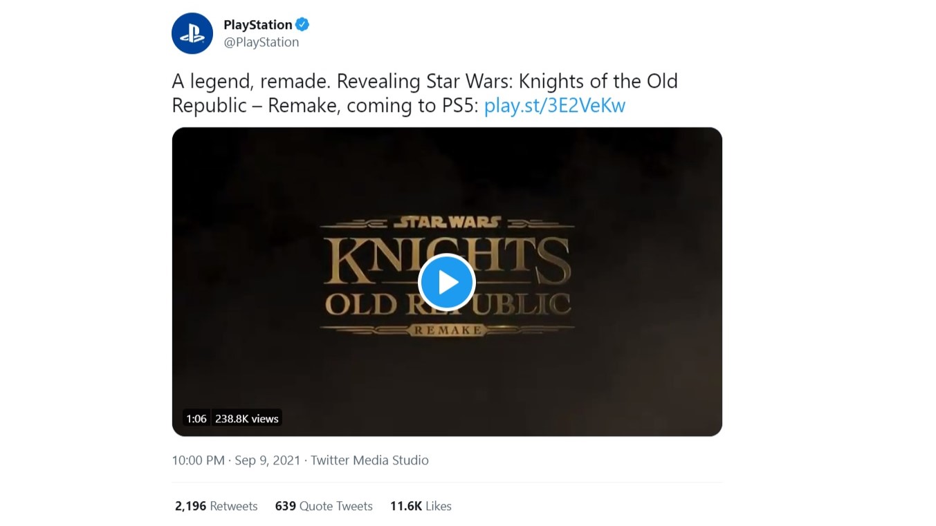 Tweet de Playstation anunciando KOTOR Remake