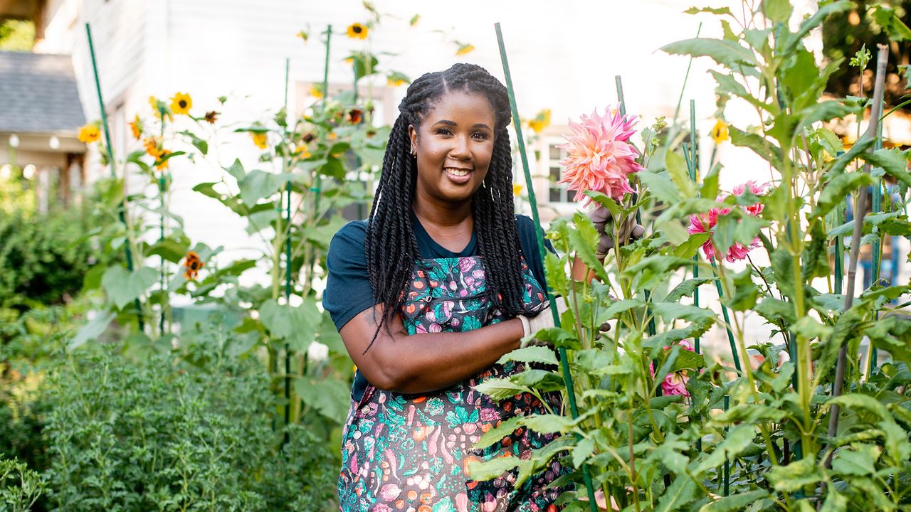 Dee Hall Goodwin tends to dahlias on her plot