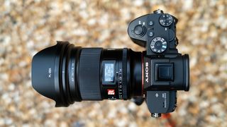 Viltrox AF 16mm f/1.8 FE attached to a Sony A7R III view from above