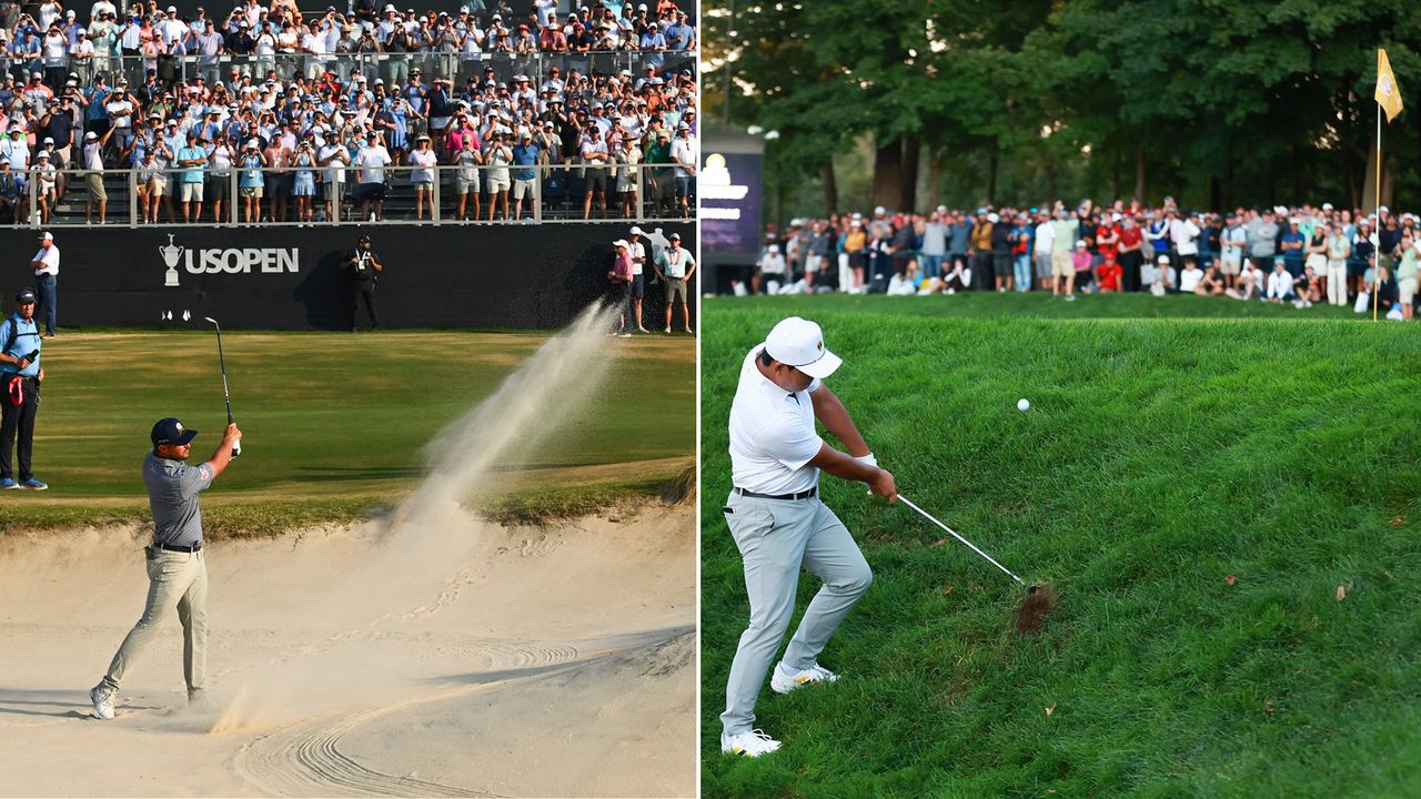 Bryson DeChambeau strikes a bunker shot, whilst Si Woo Kim hits a flop shot from the side of the green