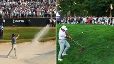 Bryson DeChambeau strikes a bunker shot, whilst Si Woo Kim hits a flop shot from the side of the green