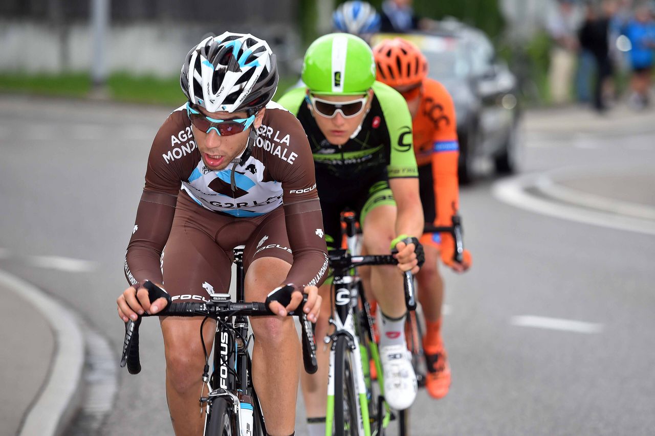 Axel Domont (AG2R La Mondiale), Marek Rutkiweicz (CCC Sprandi), Matej Mohoric (Cannondale-Garmin) and J&eacute;r&ocirc;me Baugnies (Wanty-Groupe Gobert)