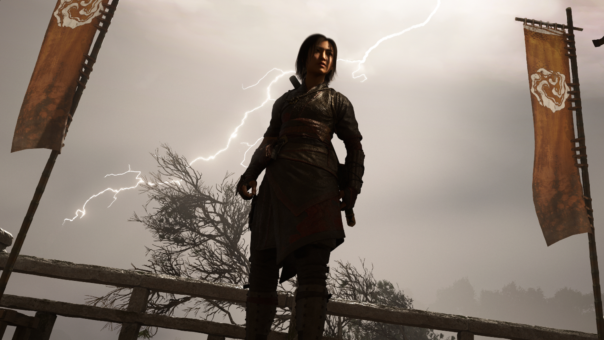 Assassin&#039;s Creed Shadows: Claws of Awaji screenshot showing Naoe standing by two banners while lightning strikes in the background