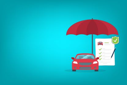 An illustrated image of a red car sheltered by a red umbrella and a check list beside it