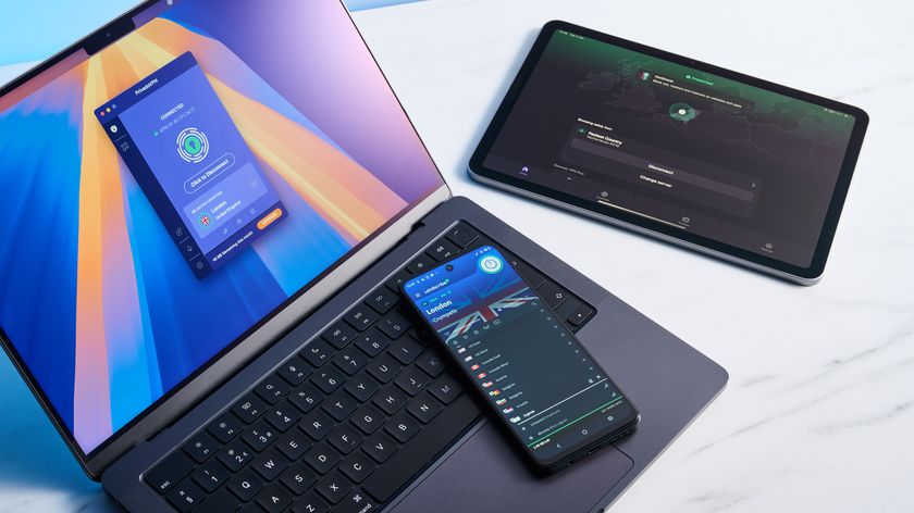 PrivadoVPN, Proton VPN and Windscribe on a range of devices, on a white background with blue backlighting