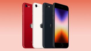 Apple iPhone SE (2022) color lineup on a red background