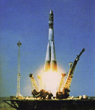 The Soviet Union's powerful Vostok launch vehicle put cosmonaut Yuri Gagarin's capsule high enough for one 108-minute orbit of the Earth on April 12, 1961.