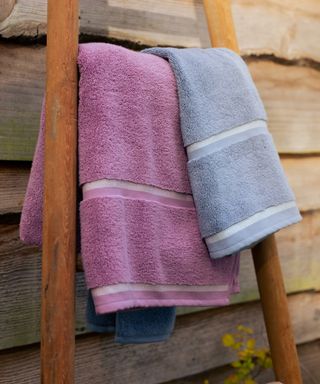 Pink and lavender towel on towel rail leaning against shed