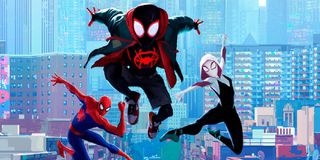 Spider-Man: Into the Spider-Verse three Spider-People swing in the air