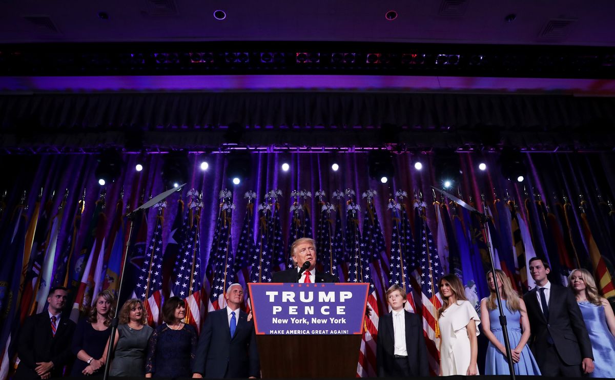 Republican president-elect Donald Trump delivers his acceptance speech during his election night event at the New York Hilton Midtown in the early morning hours of November 9, 2016 in New York City.