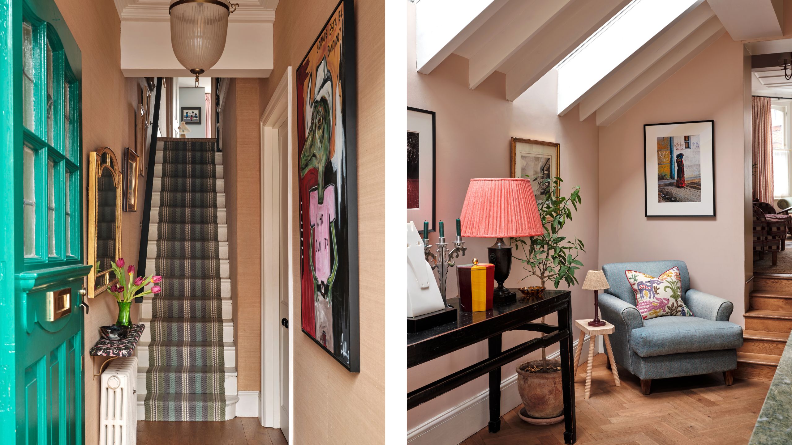 two side by side images of a Victorian London home - the left the entryway with green front door, grasscloth walls and eclectic art and on the right a seating vignette in a kitchen extension