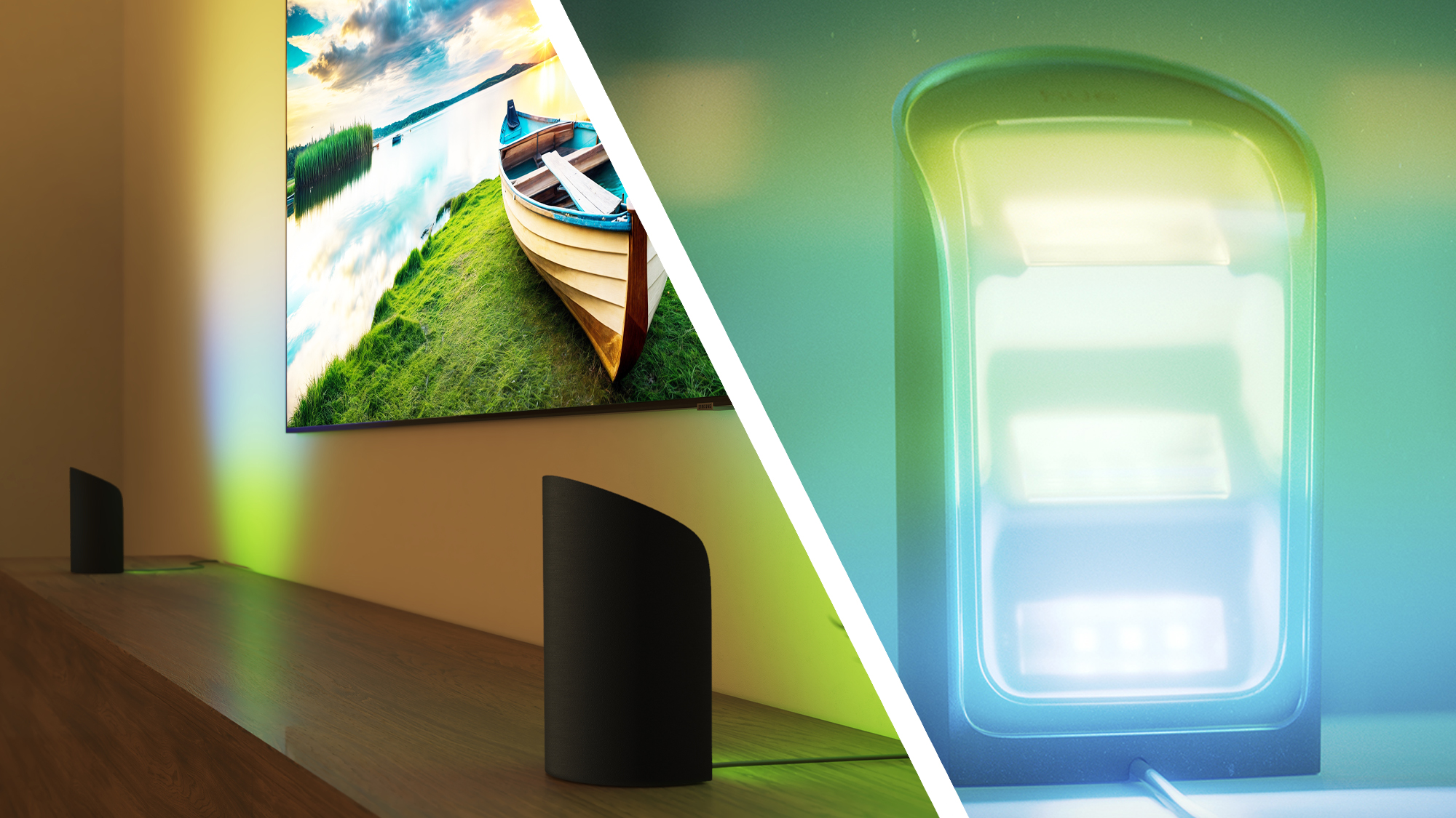 Split image showing Philips Hue Wall Washer set up beside TV, and close-up of Wall Washer alone