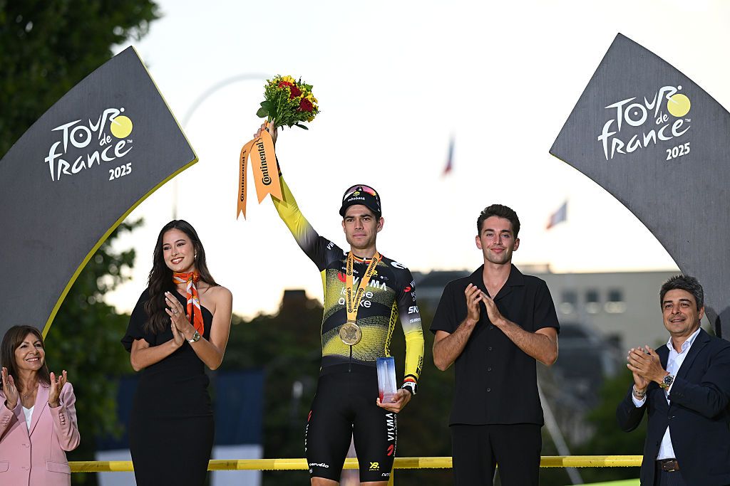 PARIS - CHAMPS-ELYSEES, FRANCE - JULY 27: Wout Van Aert of Belgium and Team Visma | Lease a Bike celebrates at podium as stage winner during the 112th Tour de France 2025, Stage 21 a 132.3km stage from Mantes-la-Ville to Paris - Champs-Elysees / #UCIWT / on July 27, 2025 in Paris - Champs-Elysees, France.