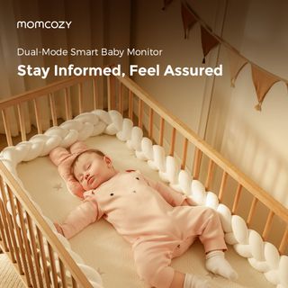 A baby sleeps safely in its crib with text that says "Stay informed, feel assured" overlaid on the photo.