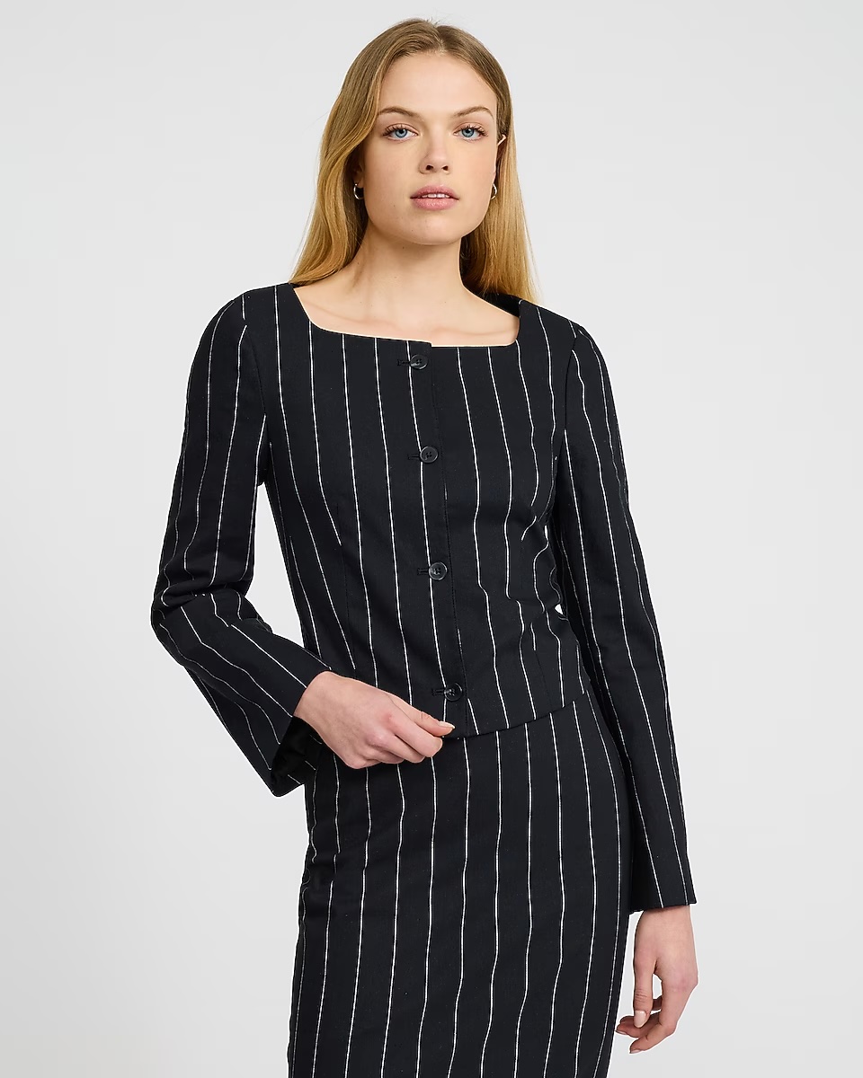 express, Linen-Blend Striped Collarless Square Neck Blazer