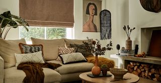 Neutral living room with brown blind
