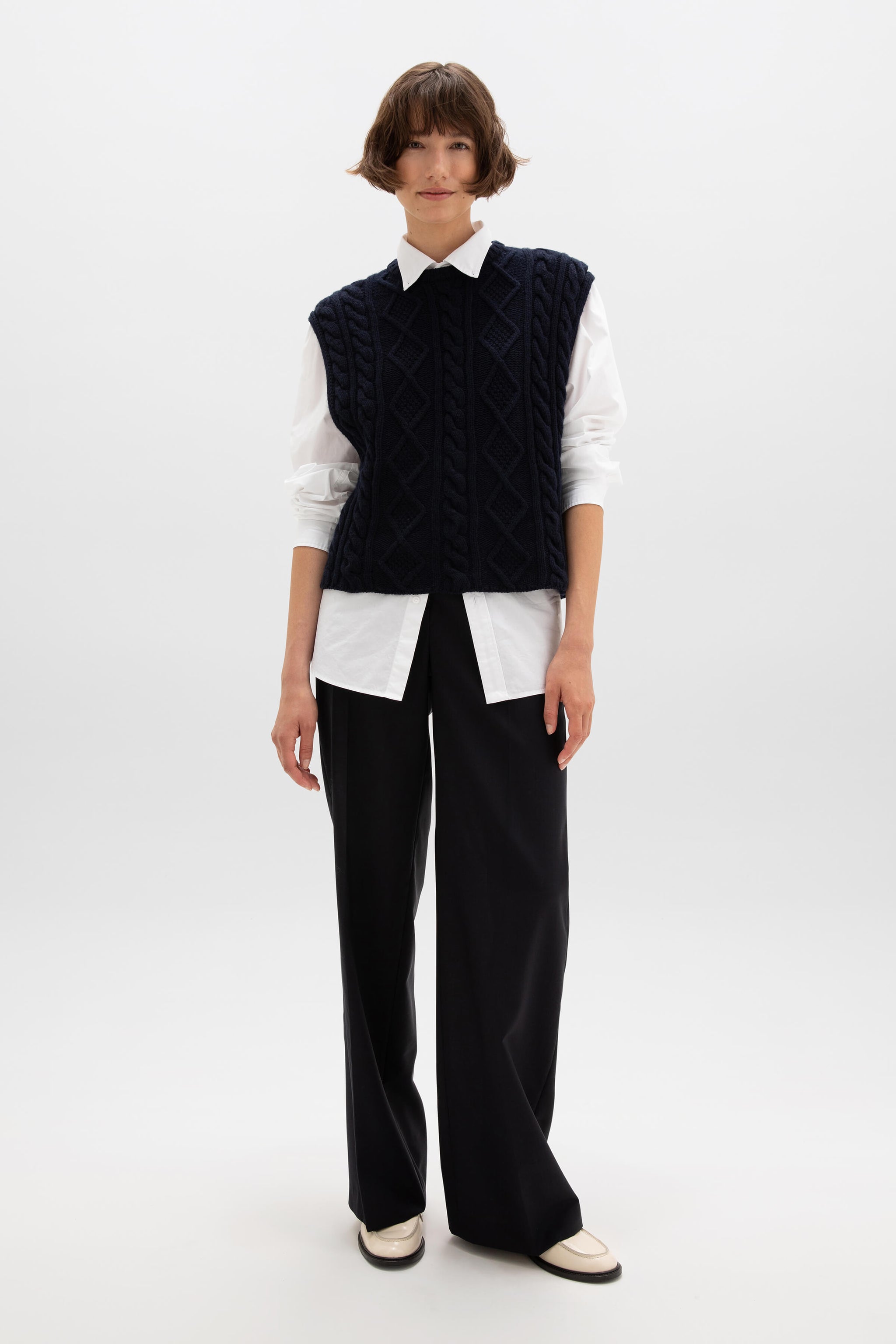 Aran Cable Knit Dark Navy Cashmere Tank