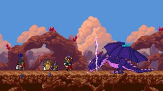 Screenshot from Dwarves: Glory, Death, and Loot showing some pixelated fantasy dwarves facing down a menacing purple dragon.