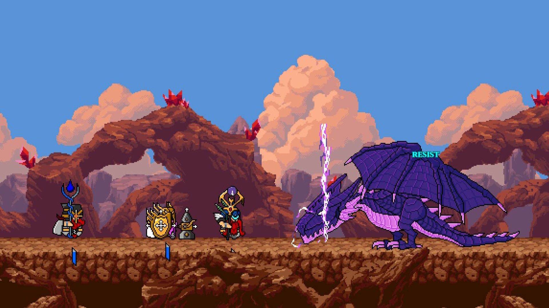 Screenshot from Dwarves: Glory, Death, and Loot showing some pixelated fantasy dwarves facing down a menacing purple dragon.