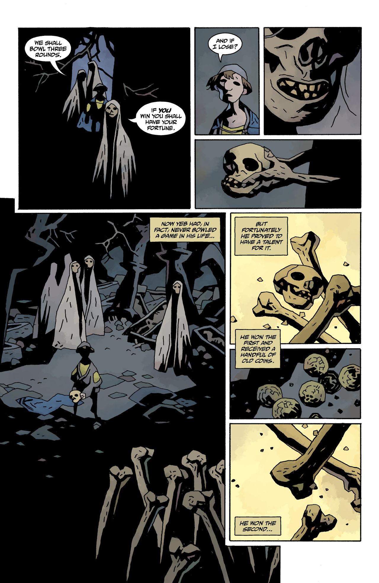 Mike Mignola, Bowling With Corpses; pages from a comic book with zombies and vampires
