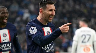 Lionel Messi celebrates after scoring for PSG against Marseille in Ligue 1 in February 2023.