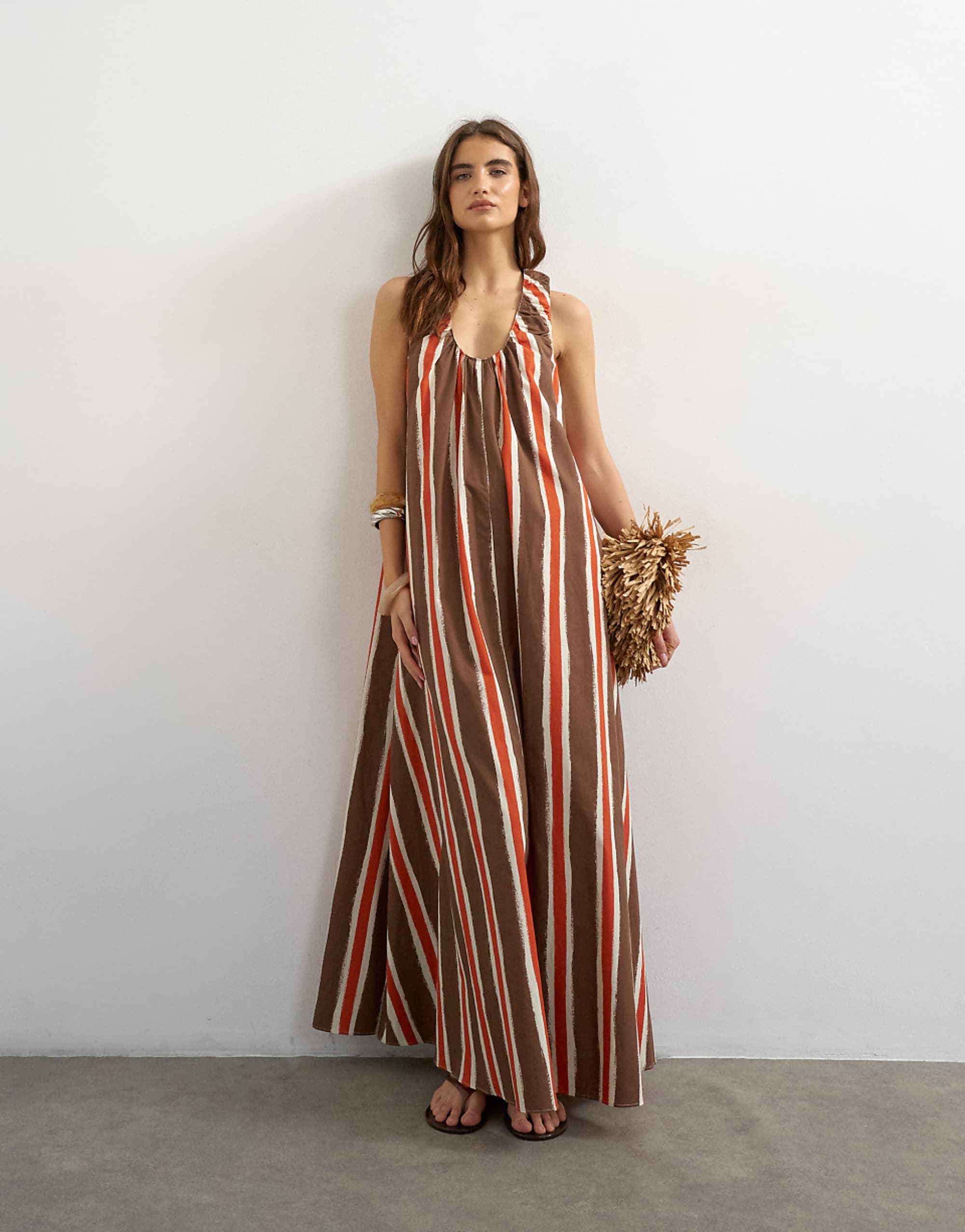Topshop Cotton Poplin Ruched Neck Maxi Sundress in Chocolate and Red Stripes