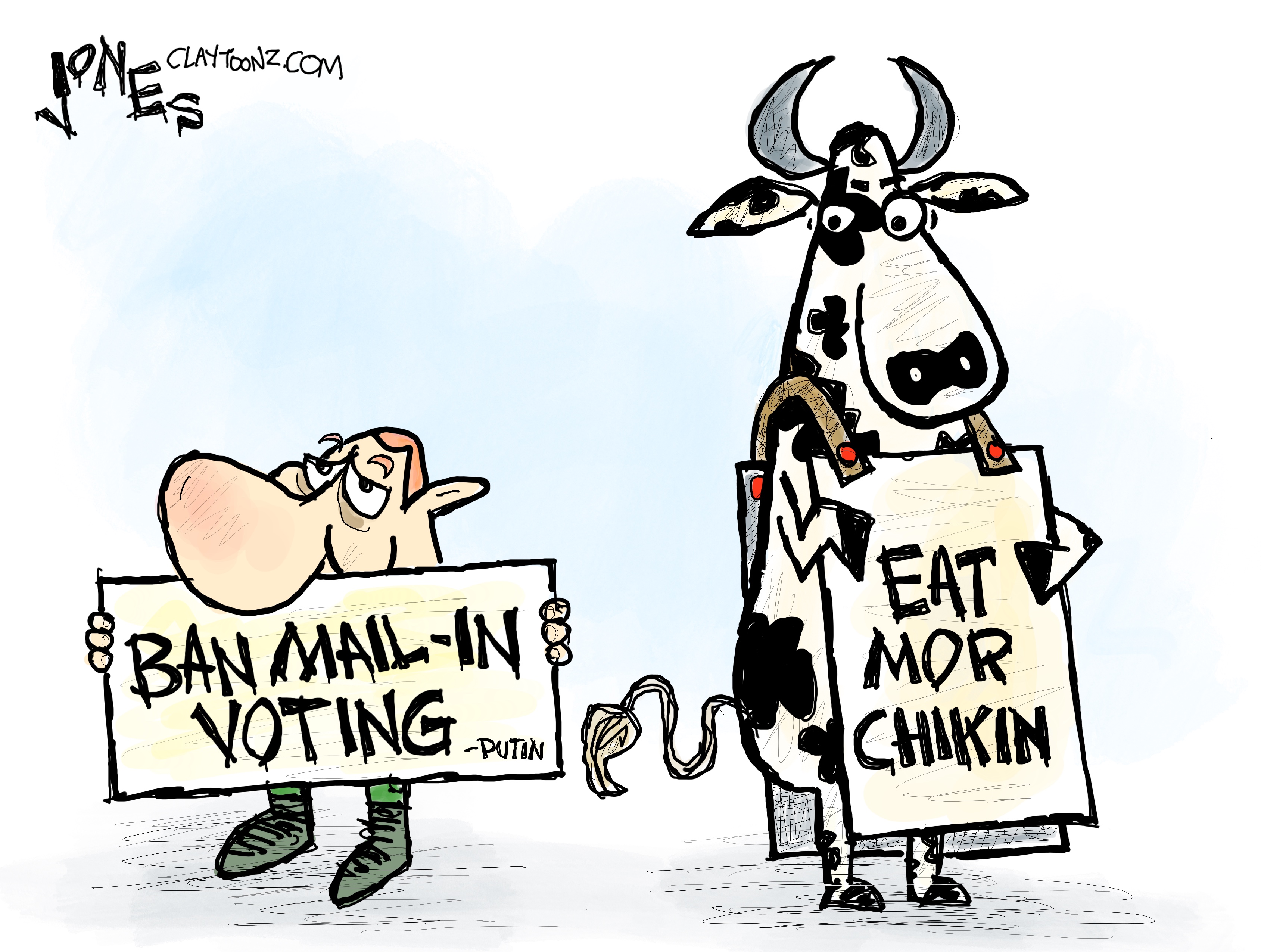 This political cartoon depicts Vladimir Putin and the Chick-fil-A cow mascot. The Chick-fil-A cow holds its usual sign, which reads “Eat More Chikin”. Putin holds a sign that reads, “Ban Mail-In Voting— Putin.”