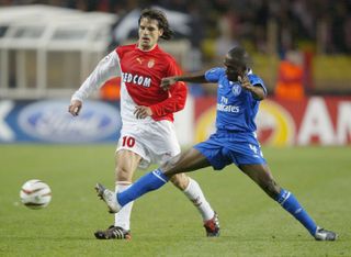Chelsea's Claude Makelele tackles Monaco's Fernando Morientes in the Champions League in 2004.