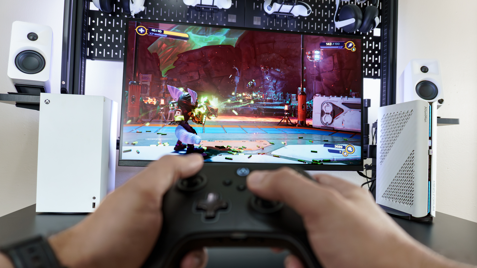 A person playing Ratchet &amp;amp; Clank: Rift Apart on the Minisforum G1 Pro